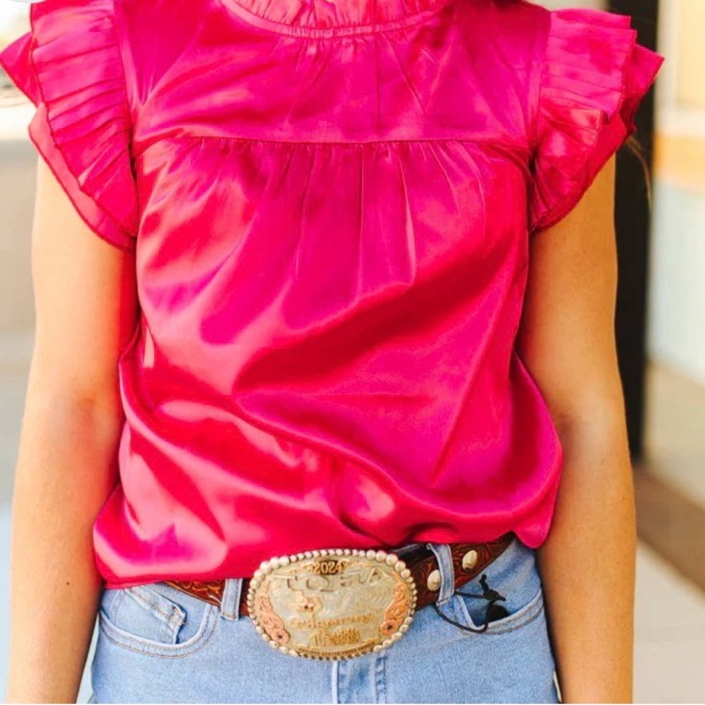 Lucky & Blessed Hot Pink Satin Ruffle Sleeve Blouse